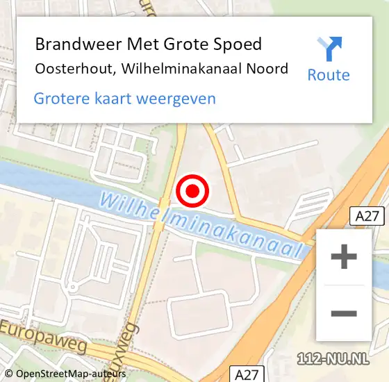 Locatie op kaart van de 112 melding: Brandweer Met Grote Spoed Naar Oosterhout, Wilhelminakanaal Noord op 11 november 2021 01:01