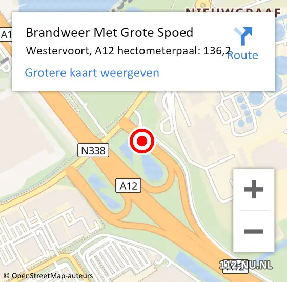 Locatie op kaart van de 112 melding: Brandweer Met Grote Spoed Naar Westervoort, A12 hectometerpaal: 136,2 op 11 november 2021 04:25