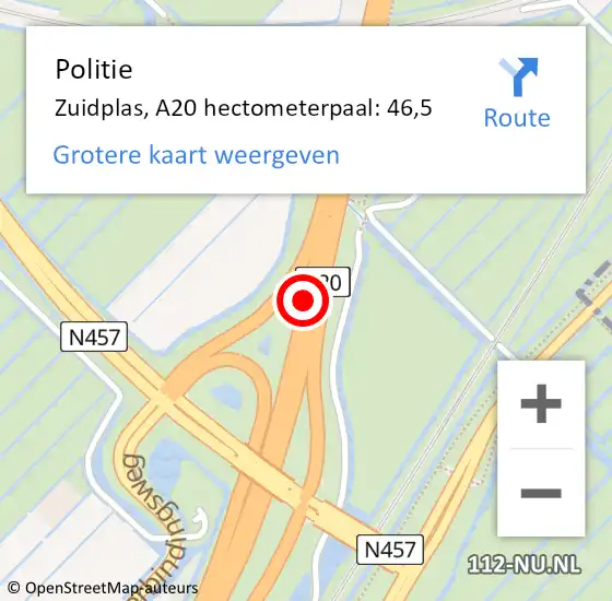 Locatie op kaart van de 112 melding: Politie Zuidplas, A20 hectometerpaal: 46,5 op 11 november 2021 06:57