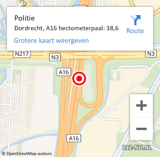 Locatie op kaart van de 112 melding: Politie Dordrecht, A16 hectometerpaal: 38,6 op 11 november 2021 08:28