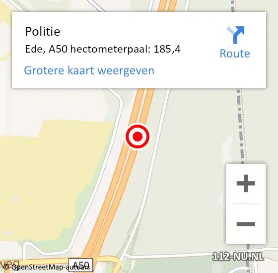 Locatie op kaart van de 112 melding: Politie Ede, A50 hectometerpaal: 185,4 op 11 november 2021 08:56