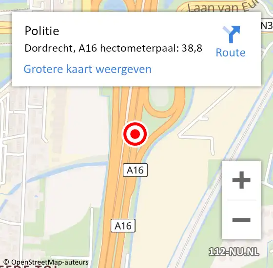 Locatie op kaart van de 112 melding: Politie Dordrecht, A16 hectometerpaal: 38,8 op 11 november 2021 09:15