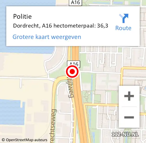 Locatie op kaart van de 112 melding: Politie Dordrecht, A16 hectometerpaal: 36,3 op 11 november 2021 09:21