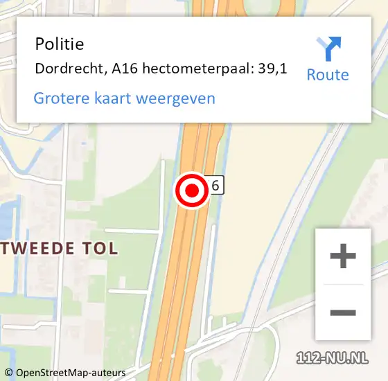 Locatie op kaart van de 112 melding: Politie Dordrecht, A16 hectometerpaal: 39,1 op 11 november 2021 09:24