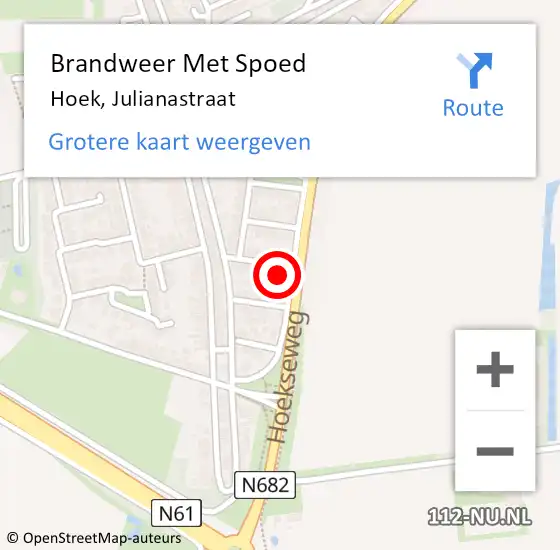 Locatie op kaart van de 112 melding: Brandweer Met Spoed Naar Hoek, Julianastraat op 11 november 2021 10:25