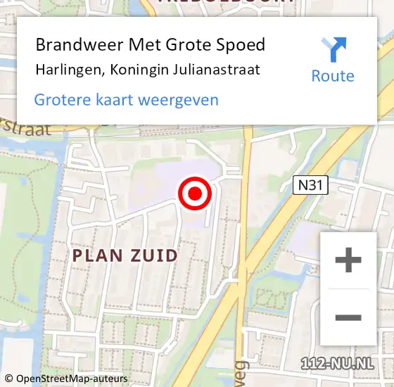 Locatie op kaart van de 112 melding: Brandweer Met Grote Spoed Naar Harlingen, Koningin Julianastraat op 11 november 2021 12:01