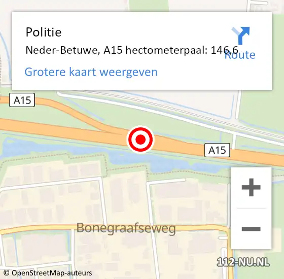 Locatie op kaart van de 112 melding: Politie Neder-Betuwe, A15 hectometerpaal: 146,6 op 11 november 2021 12:46