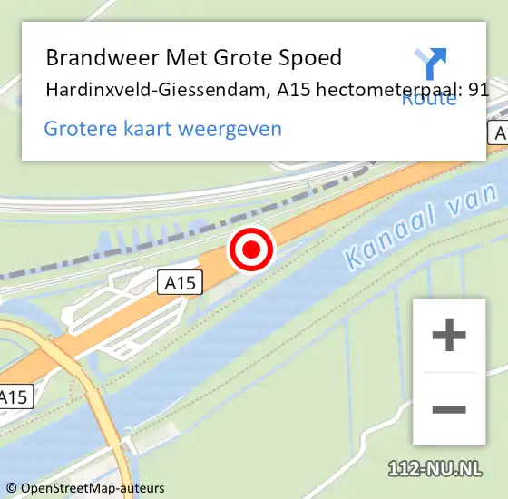 Locatie op kaart van de 112 melding: Brandweer Met Grote Spoed Naar Hardinxveld-Giessendam, A15 hectometerpaal: 91 op 11 november 2021 14:15