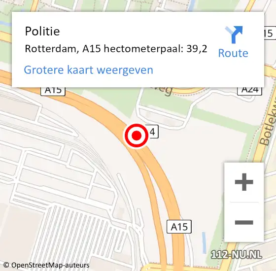 Locatie op kaart van de 112 melding: Politie Rotterdam, A15 hectometerpaal: 39,2 op 11 november 2021 16:54