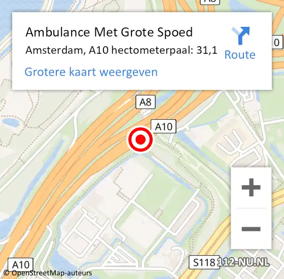 Locatie op kaart van de 112 melding: Ambulance Met Grote Spoed Naar Amsterdam, A10 hectometerpaal: 31,1 op 11 november 2021 16:57