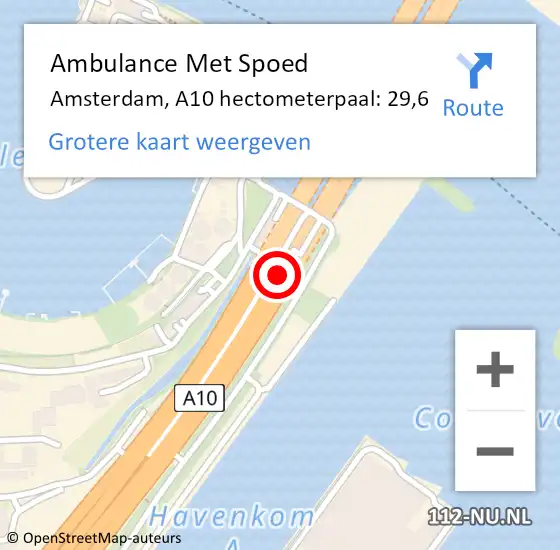 Locatie op kaart van de 112 melding: Ambulance Met Spoed Naar Amsterdam, A10 hectometerpaal: 29,6 op 11 november 2021 18:18