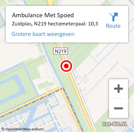 Locatie op kaart van de 112 melding: Ambulance Met Spoed Naar Zuidplas, N219 hectometerpaal: 10,3 op 11 november 2021 18:44