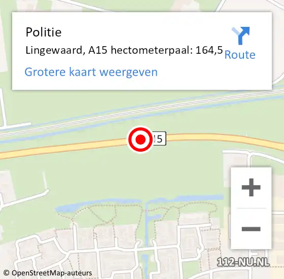 Locatie op kaart van de 112 melding: Politie Lingewaard, A15 hectometerpaal: 164,5 op 11 november 2021 19:18