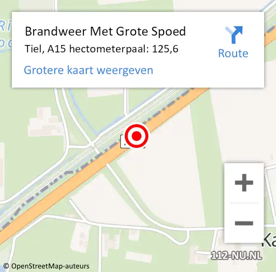 Locatie op kaart van de 112 melding: Brandweer Met Grote Spoed Naar Tiel, A15 hectometerpaal: 125,6 op 12 november 2021 07:27