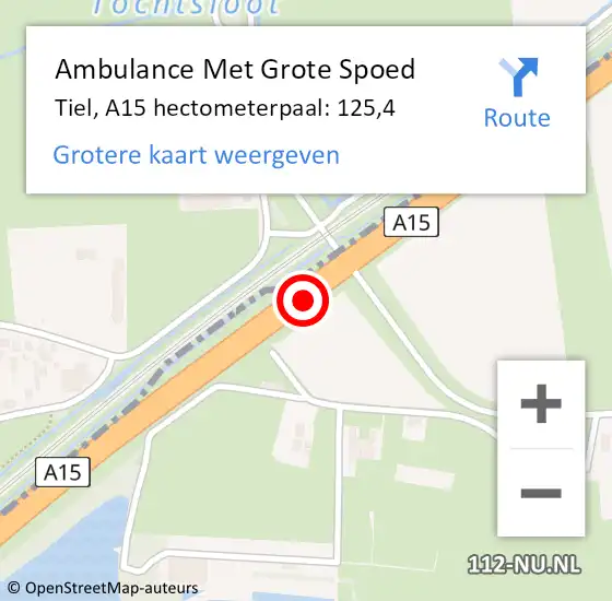 Locatie op kaart van de 112 melding: Ambulance Met Grote Spoed Naar Tiel, A15 hectometerpaal: 125,4 op 12 november 2021 07:34