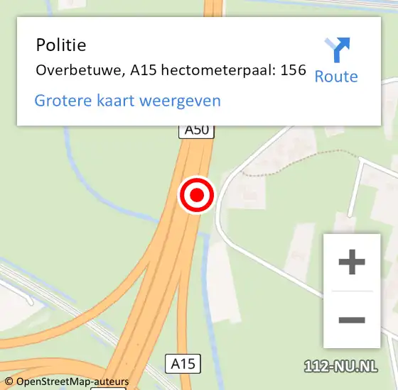 Locatie op kaart van de 112 melding: Politie Overbetuwe, A15 hectometerpaal: 156 op 12 november 2021 08:14