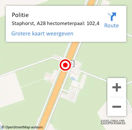 Locatie op kaart van de 112 melding: Politie Staphorst, A28 hectometerpaal: 102,4 op 12 november 2021 09:59