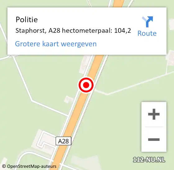 Locatie op kaart van de 112 melding: Politie Staphorst, A28 hectometerpaal: 104,2 op 12 november 2021 10:00