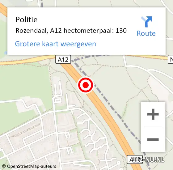 Locatie op kaart van de 112 melding: Politie Rozendaal, A12 hectometerpaal: 130 op 12 november 2021 12:07