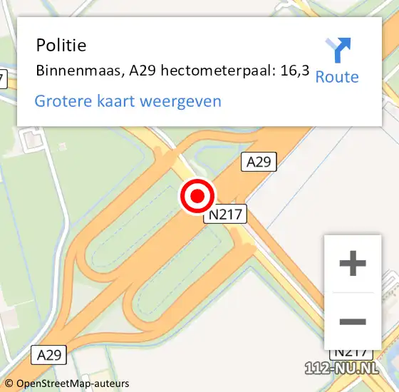 Locatie op kaart van de 112 melding: Politie Binnenmaas, A29 hectometerpaal: 16,3 op 12 november 2021 12:21