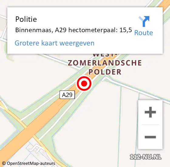 Locatie op kaart van de 112 melding: Politie Binnenmaas, A29 hectometerpaal: 15,5 op 12 november 2021 12:27