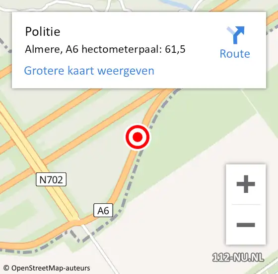 Locatie op kaart van de 112 melding: Politie Almere, A6 hectometerpaal: 61,5 op 12 november 2021 15:49