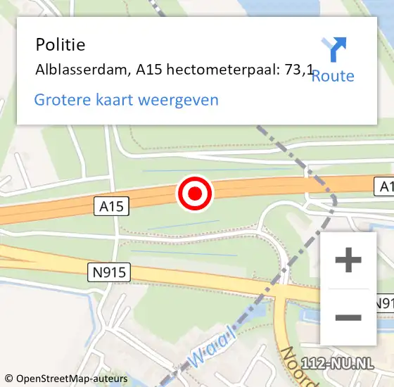 Locatie op kaart van de 112 melding: Politie Ridderkerk, A15 hectometerpaal: 73,1 op 12 november 2021 20:27