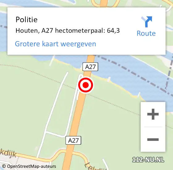 Locatie op kaart van de 112 melding: Politie Houten, A27 hectometerpaal: 64,3 op 12 november 2021 22:13