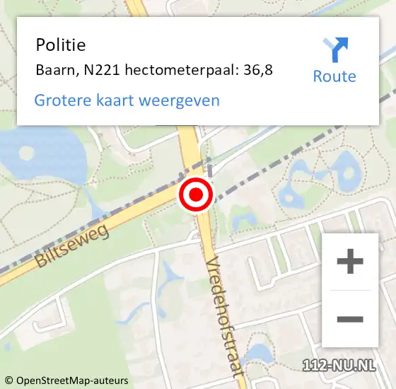 Locatie op kaart van de 112 melding: Politie Baarn, N221 hectometerpaal: 36,8 op 13 november 2021 01:03