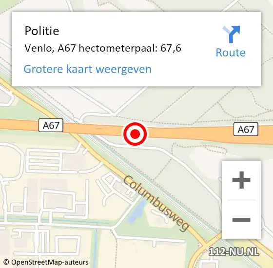 Locatie op kaart van de 112 melding: Politie Venlo, A67 hectometerpaal: 67,6 op 13 november 2021 02:15