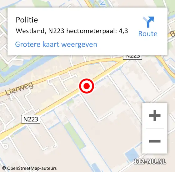 Locatie op kaart van de 112 melding: Politie Westland, N223 hectometerpaal: 4,3 op 13 november 2021 02:21