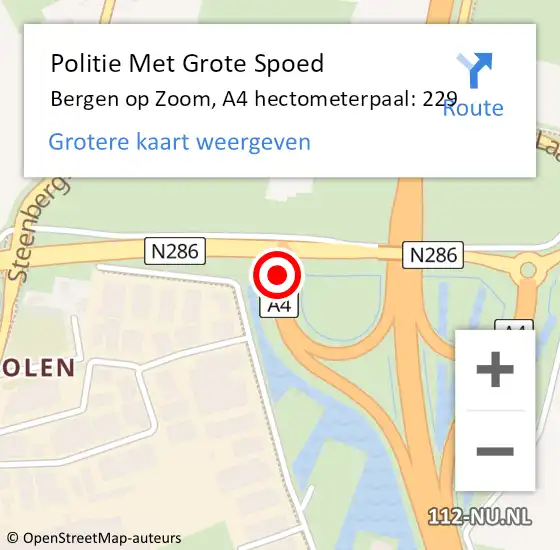 Locatie op kaart van de 112 melding: Politie Met Grote Spoed Naar Bergen op Zoom, A4 hectometerpaal: 229 op 13 november 2021 07:36