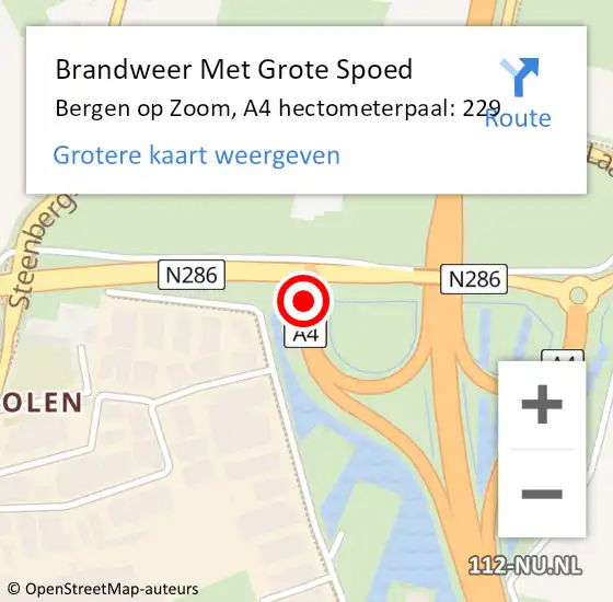 Locatie op kaart van de 112 melding: Brandweer Met Grote Spoed Naar Bergen op Zoom, A4 hectometerpaal: 229 op 13 november 2021 07:36