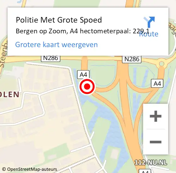 Locatie op kaart van de 112 melding: Politie Met Grote Spoed Naar Bergen op Zoom, A4 hectometerpaal: 229,1 op 13 november 2021 07:38