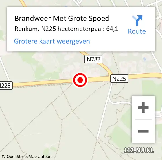 Locatie op kaart van de 112 melding: Brandweer Met Grote Spoed Naar Renkum, N225 hectometerpaal: 64,1 op 13 november 2021 08:05