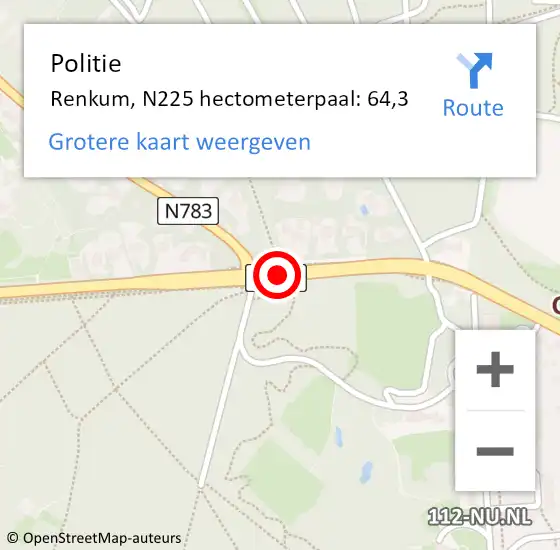 Locatie op kaart van de 112 melding: Politie Renkum, N225 hectometerpaal: 64,3 op 13 november 2021 08:06