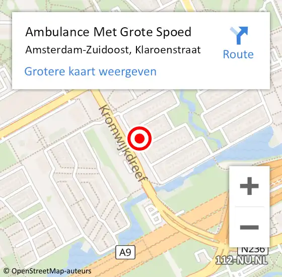 Locatie op kaart van de 112 melding: Ambulance Met Grote Spoed Naar Amsterdam-Zuidoost, Klaroenstraat op 13 november 2021 09:32