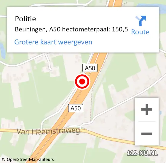 Locatie op kaart van de 112 melding: Politie Beuningen, A50 hectometerpaal: 150,5 op 13 november 2021 09:57