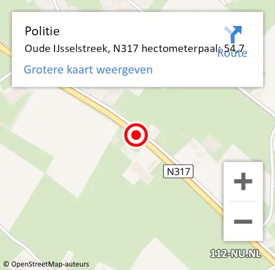 Locatie op kaart van de 112 melding: Politie Oude IJsselstreek, N317 hectometerpaal: 54,7 op 13 november 2021 10:40
