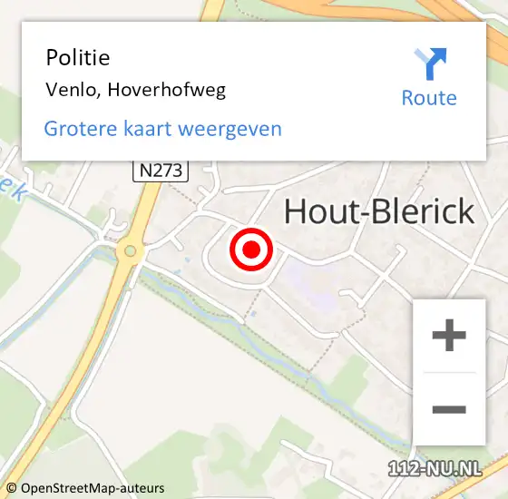 Locatie op kaart van de 112 melding: Politie Venlo, Hoverhofweg op 13 november 2021 11:21