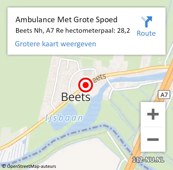 Locatie op kaart van de 112 melding: Ambulance Met Grote Spoed Naar Beets Nh, A7 Re hectometerpaal: 28,2 op 29 juni 2014 06:38