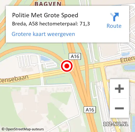 Locatie op kaart van de 112 melding: Politie Met Grote Spoed Naar Breda, A58 hectometerpaal: 71,3 op 13 november 2021 11:43