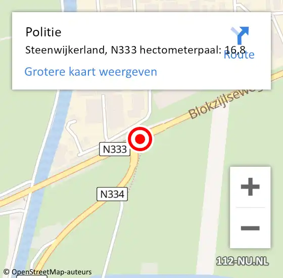 Locatie op kaart van de 112 melding: Politie Steenwijkerland, N333 hectometerpaal: 16,8 op 13 november 2021 16:33