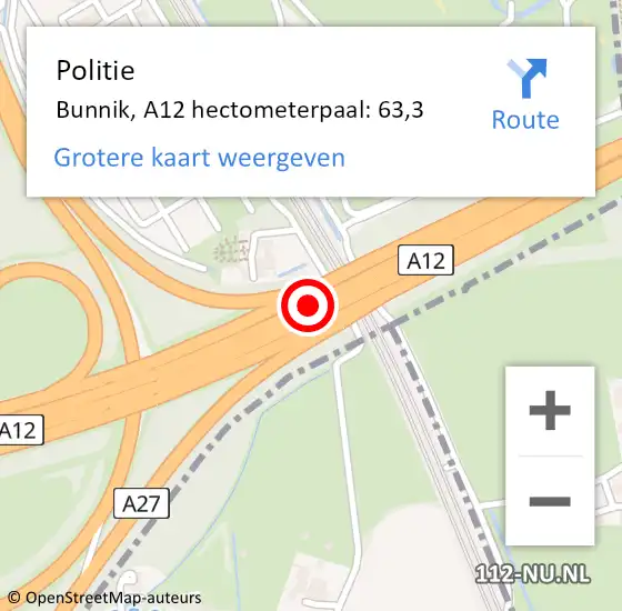 Locatie op kaart van de 112 melding: Politie Bunnik, A12 hectometerpaal: 63,3 op 13 november 2021 17:48