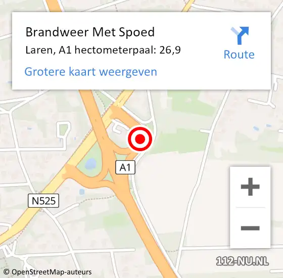 Locatie op kaart van de 112 melding: Brandweer Met Spoed Naar Laren, A1 hectometerpaal: 26,9 op 13 november 2021 21:46