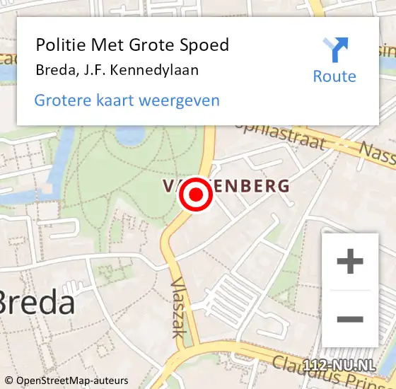 Locatie op kaart van de 112 melding: Politie Met Grote Spoed Naar Breda, J.F. Kennedylaan op 13 november 2021 22:30