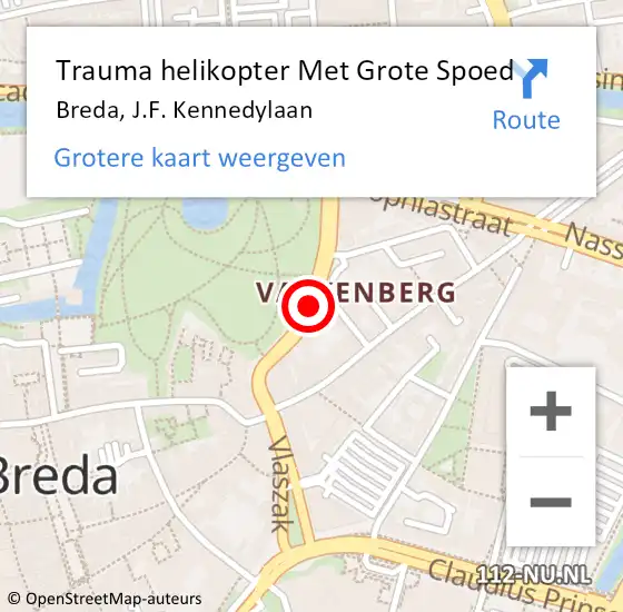 Locatie op kaart van de 112 melding: Trauma helikopter Met Grote Spoed Naar Breda, J.F. Kennedylaan op 13 november 2021 22:32