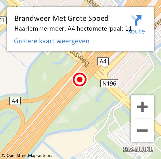 Locatie op kaart van de 112 melding: Brandweer Met Grote Spoed Naar Haarlemmermeer, A4 hectometerpaal: 11 op 14 november 2021 01:16