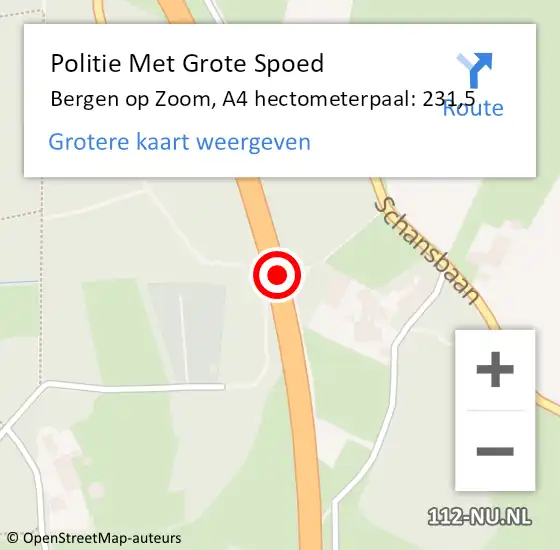 Locatie op kaart van de 112 melding: Politie Met Grote Spoed Naar Bergen op Zoom, A4 hectometerpaal: 231,5 op 14 november 2021 01:21