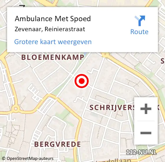 Locatie op kaart van de 112 melding: Ambulance Met Spoed Naar Zevenaar, Reinierastraat op 14 november 2021 04:34